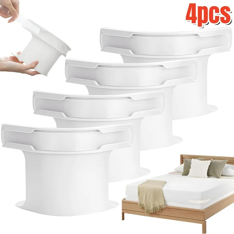 Four white bed sheet corner grippers or straps are shown in various angles and a context of a bed.