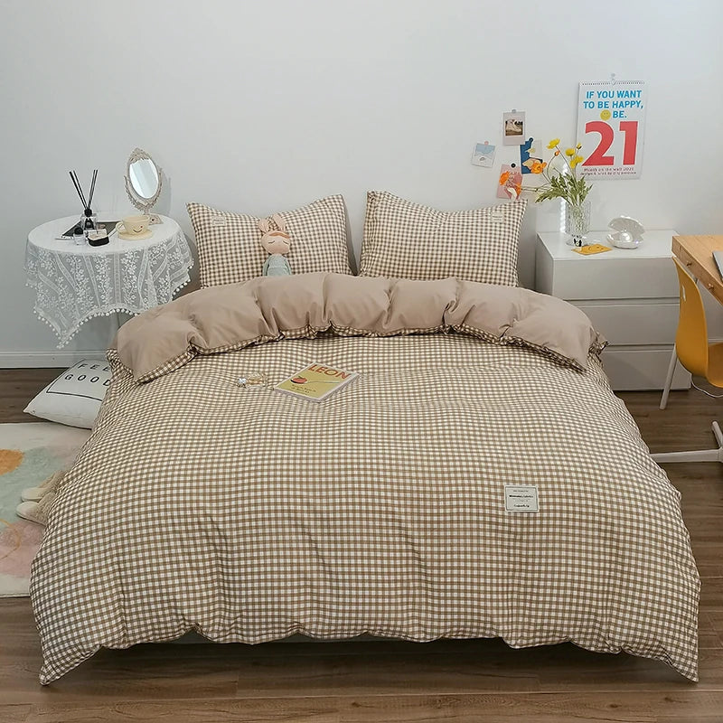 100% Cotton Duvet Cover Set with Plaid Stripe – Breathable & Skin-Friendly