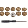 A set of bronze no-sew buttons for jeans and denim, including several round buttons and a separate button tool.