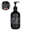 Black refillable soap dispenser bottle with white text reading DISHES