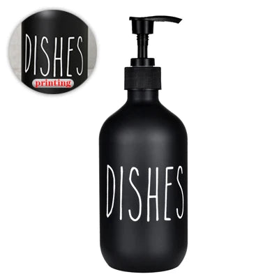 Black refillable soap dispenser bottle with white text reading DISHES