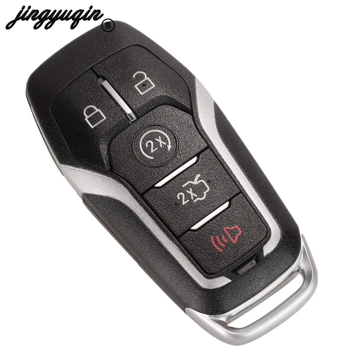 A black Ford smart key replacement shell with various buttons and a silver blade is shown from above.