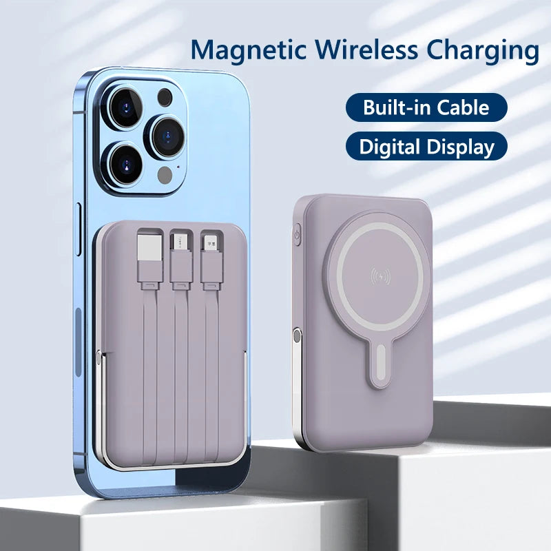 A light blue smartphone case with a magnetic wireless charging feature and a matching purple power bank.