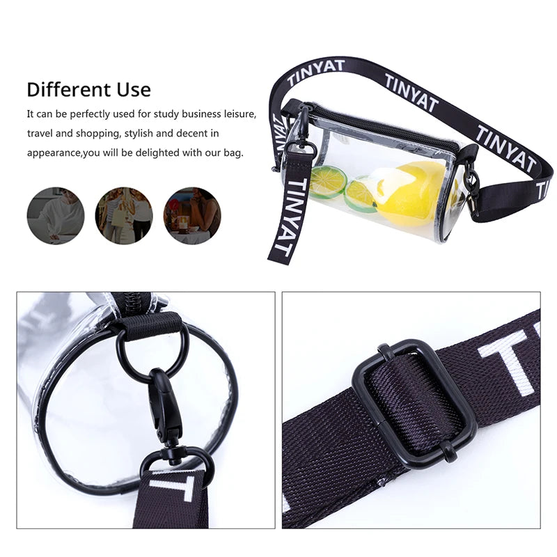 Clear crossbody bag with adjustable black strap and lemon accents