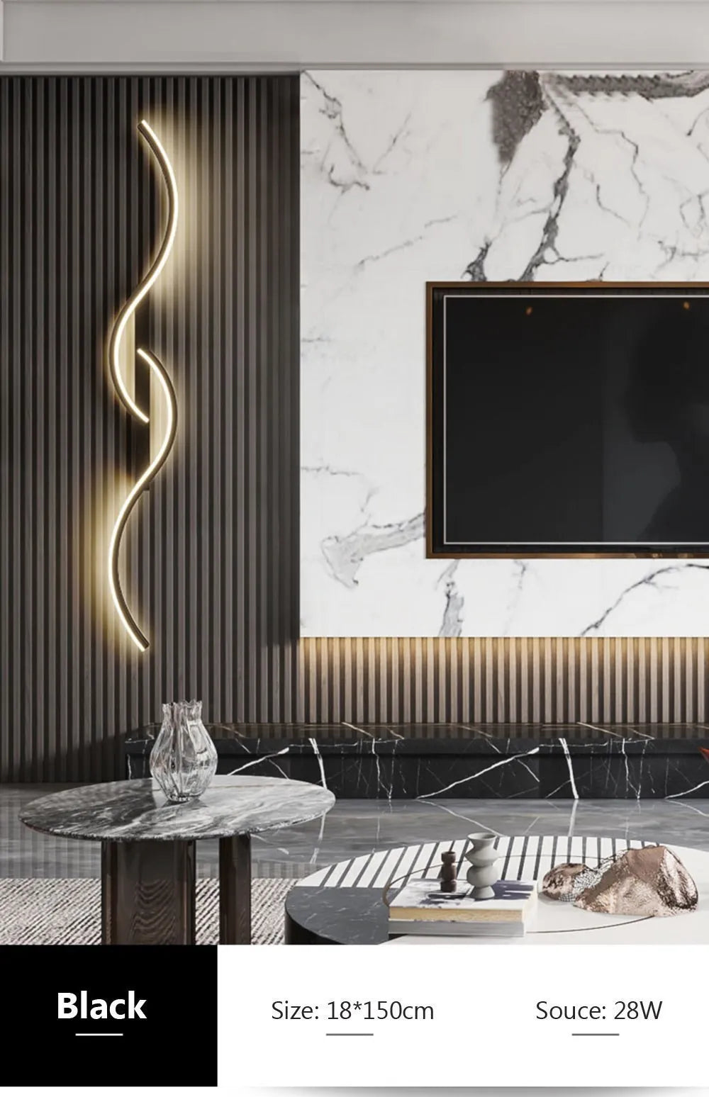 A modern minimalist LED wall lamp with a curved light fixture mounted on a dark gray textured wall.