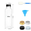 A clear plastic juice bottle with a black cap, a blue plastic cup, and several gold and white caps shown together.