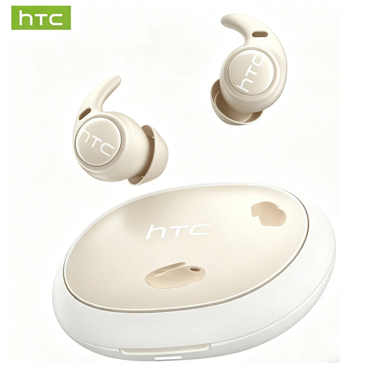 Un juego de auriculares inalámbricos HTC Ultra-Light Sleep blancos, incluyendo los auriculares y la estuche de carga.