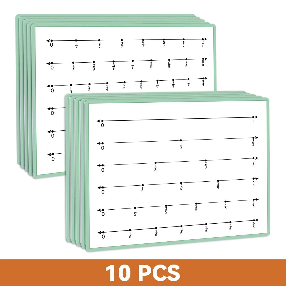 A set of ten double-sided fraction number line posters for classroom math learning