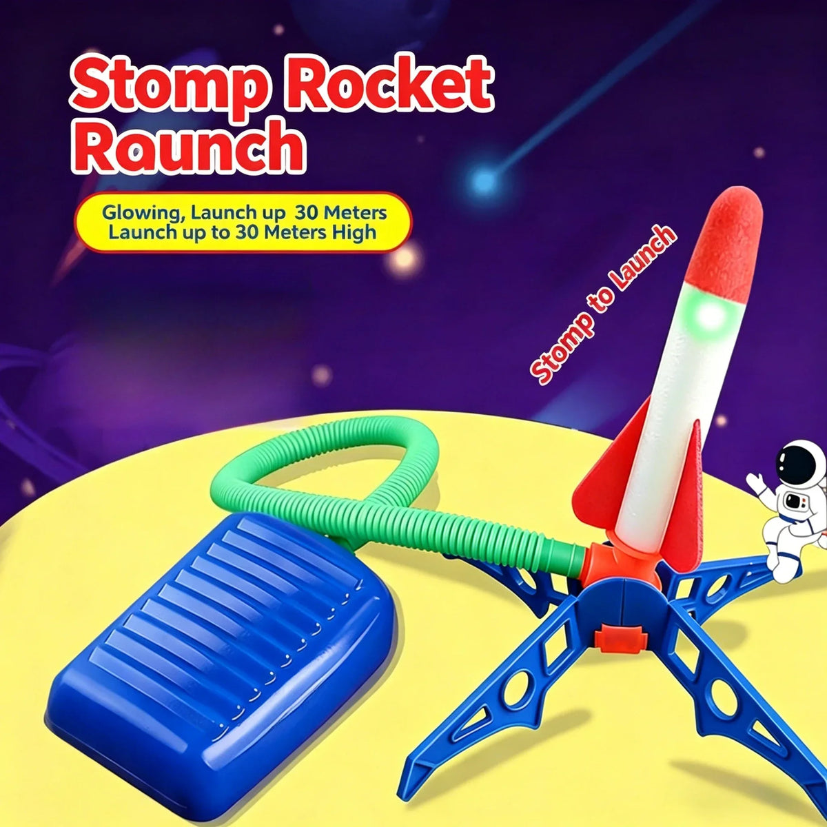 A blue stomp rocket launcher is shown next to a blue foam rocket, demonstrating its launch capability.