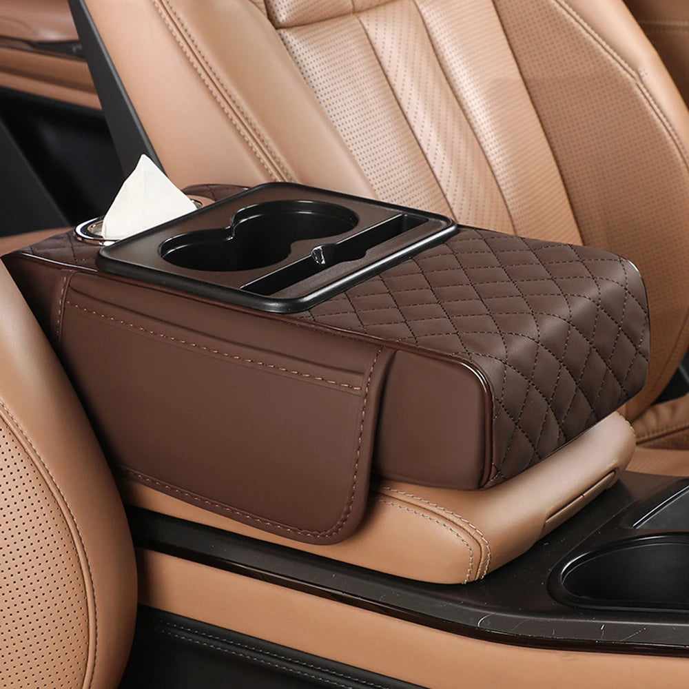 Multifunctional Car Armrest Cushion with Storage and Cup Holder