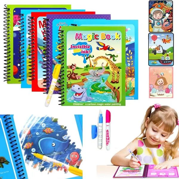 A set of reusable magic water drawing books for children featuring colorful illustrations and paintable scenes.