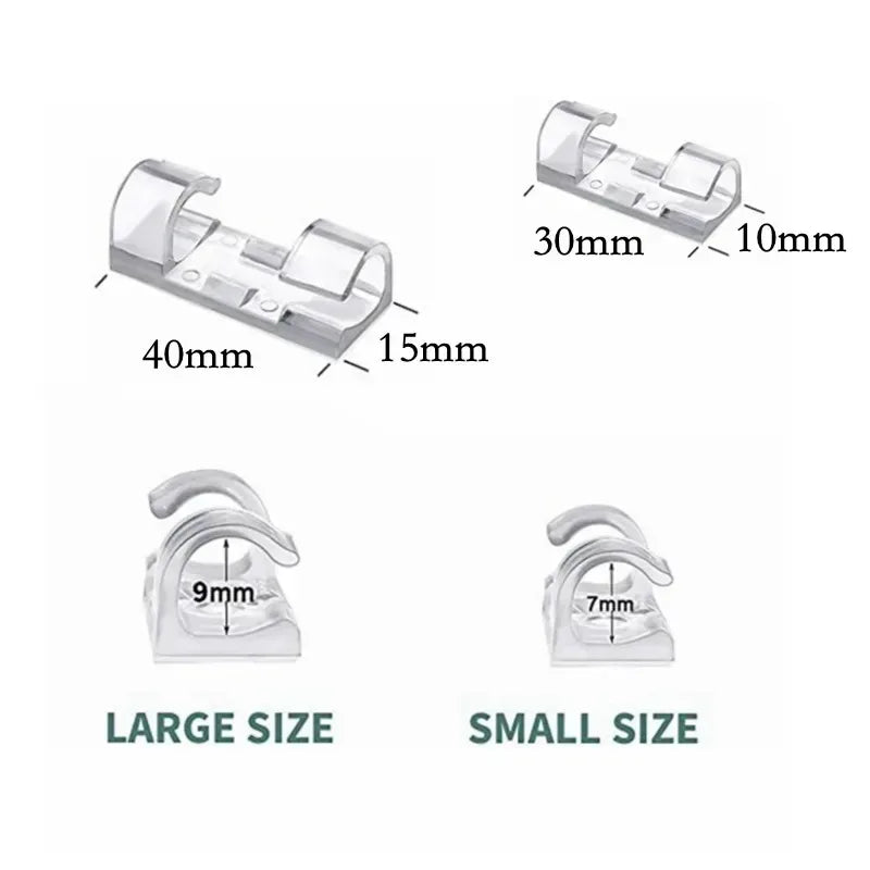 Various sizes of clear self-adhesive cable clips shown with measurements for large and small sizes