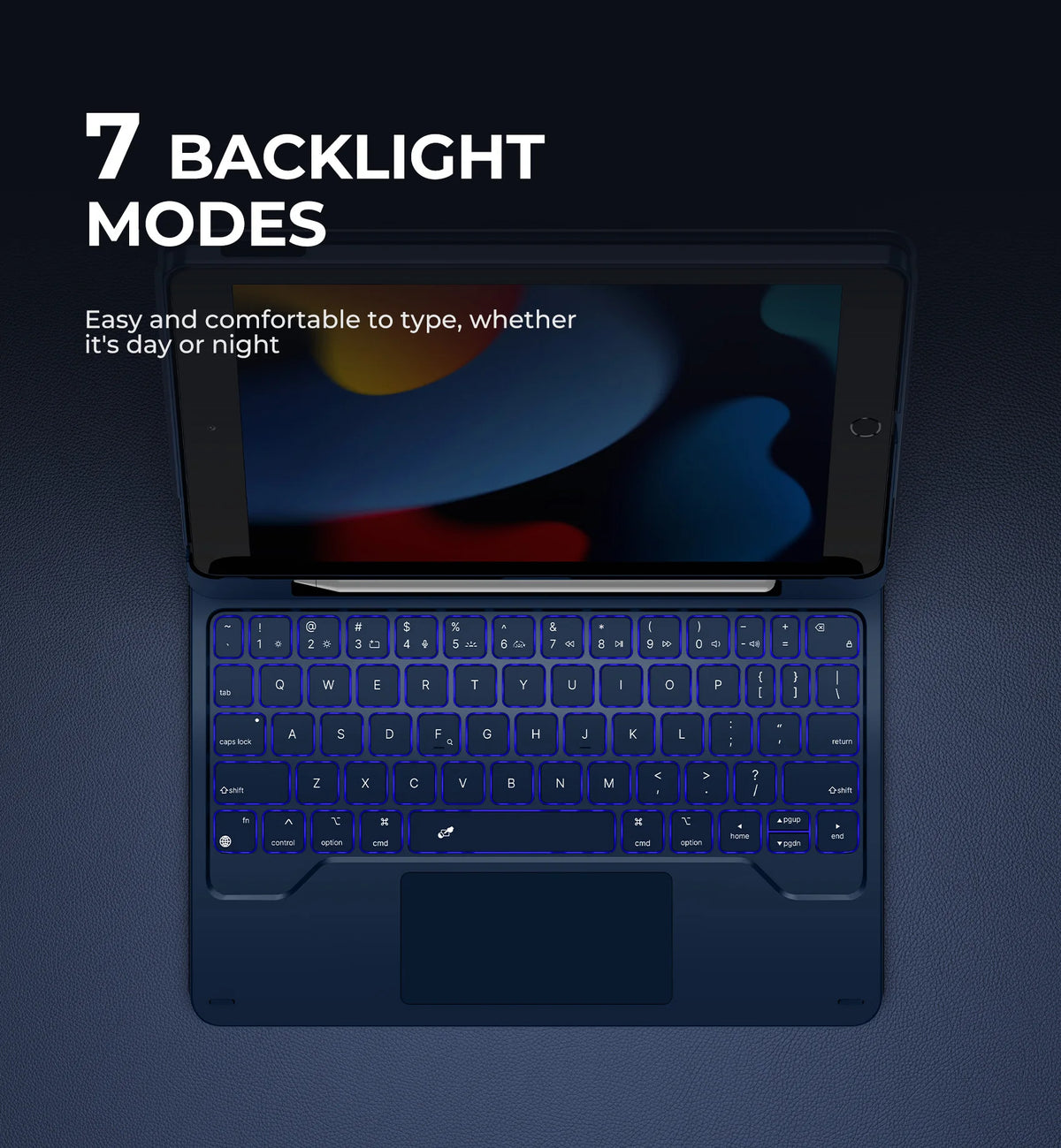 A dark blue magnetic Bluetooth keyboard case with a trackpad is shown open, displaying text about 7 backlight modes.