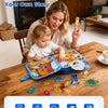 A woman is interacting with a toddler using a screen-free removable busy book featuring felt pieces for learning.
