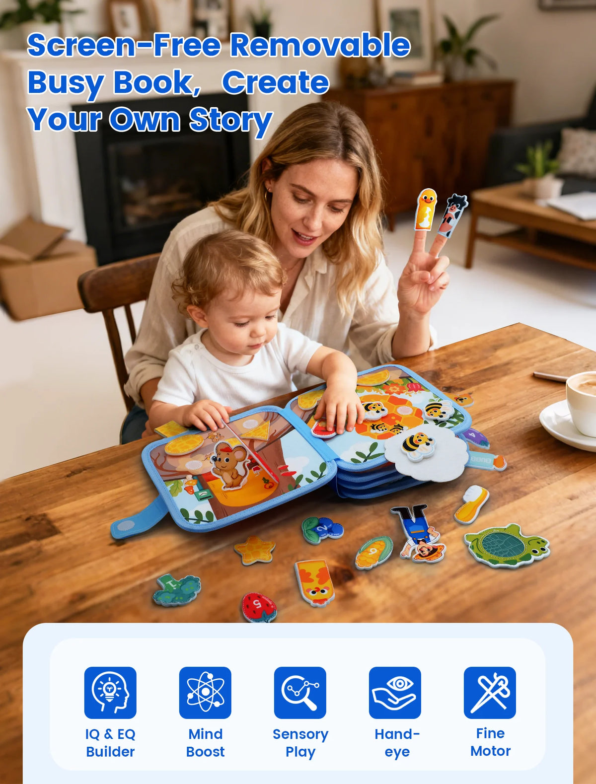 A woman is interacting with a toddler using a screen-free removable busy book featuring felt pieces for learning.