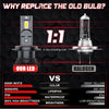 Comparison chart showing features of an LED bulb versus a halogen bulb for headlight replacement