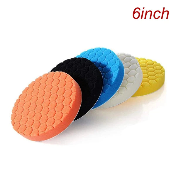 A set of five colored car polishing sponge pads with hook-and-loop backing displayed on a white surface.