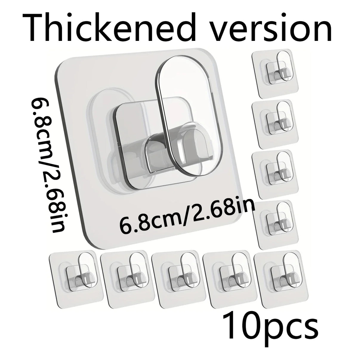 A thickened version of adhesive hooks shown in a package, with 10 individual hooks displayed.