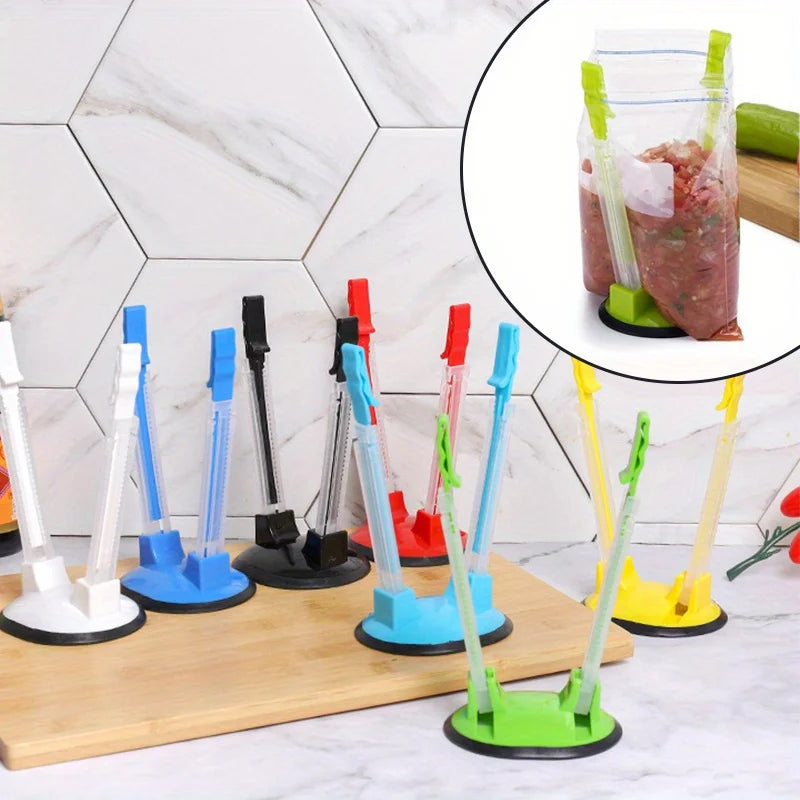 A collection of adjustable bag holder racks in various colors, including white, blue, black, red, and green, displayed on a w