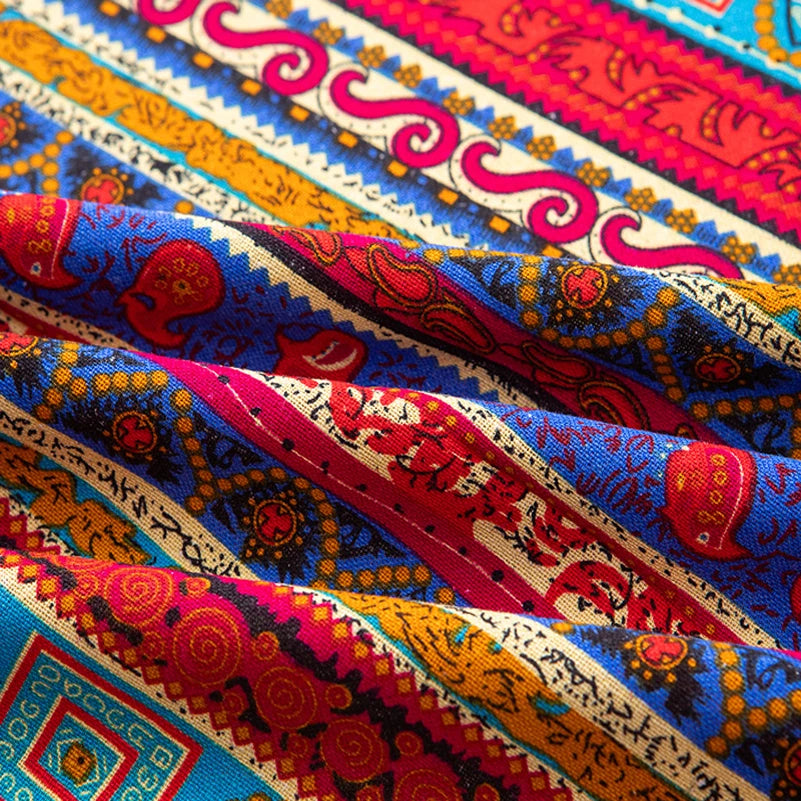Bohemian Cotton Linen Fabric with Vintage Ethnic Print