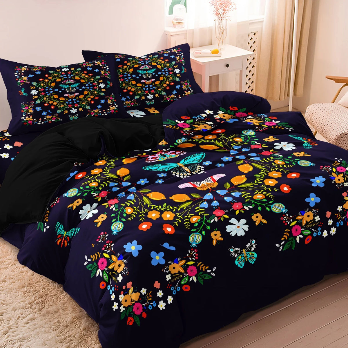 A dark blue duvet cover set featuring a vibrant floral and butterfly print.
