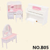 A white and pink miniature dollhouse furniture set featuring a shelf, chair, and a small piano.
