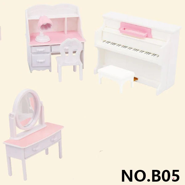 A white and pink miniature dollhouse furniture set featuring a shelf, chair, and a small piano.