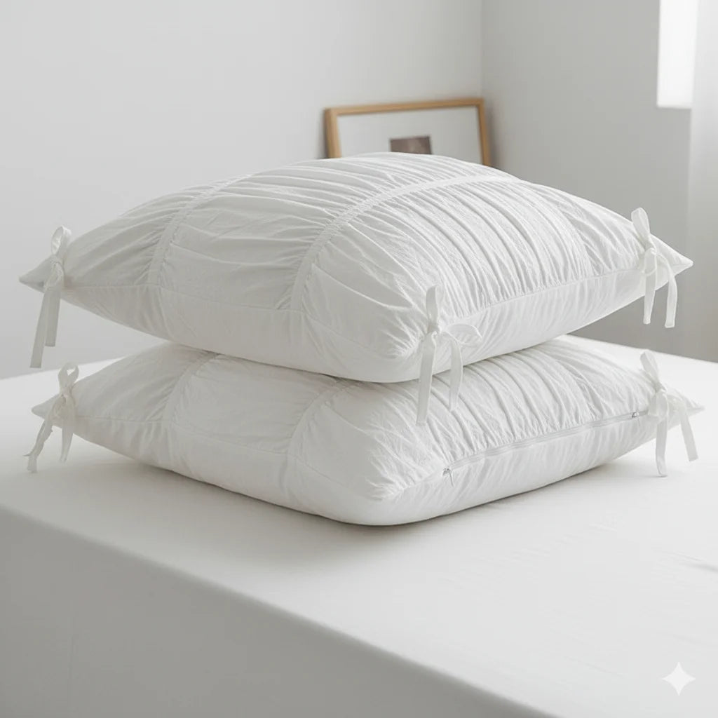 Washed Cotton Ruffle Bedding Set with Bow Ties – Pure White