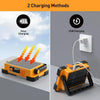 Portable solar and USB LED work floodlight shown with two charging methods: solar panel and USB charging.