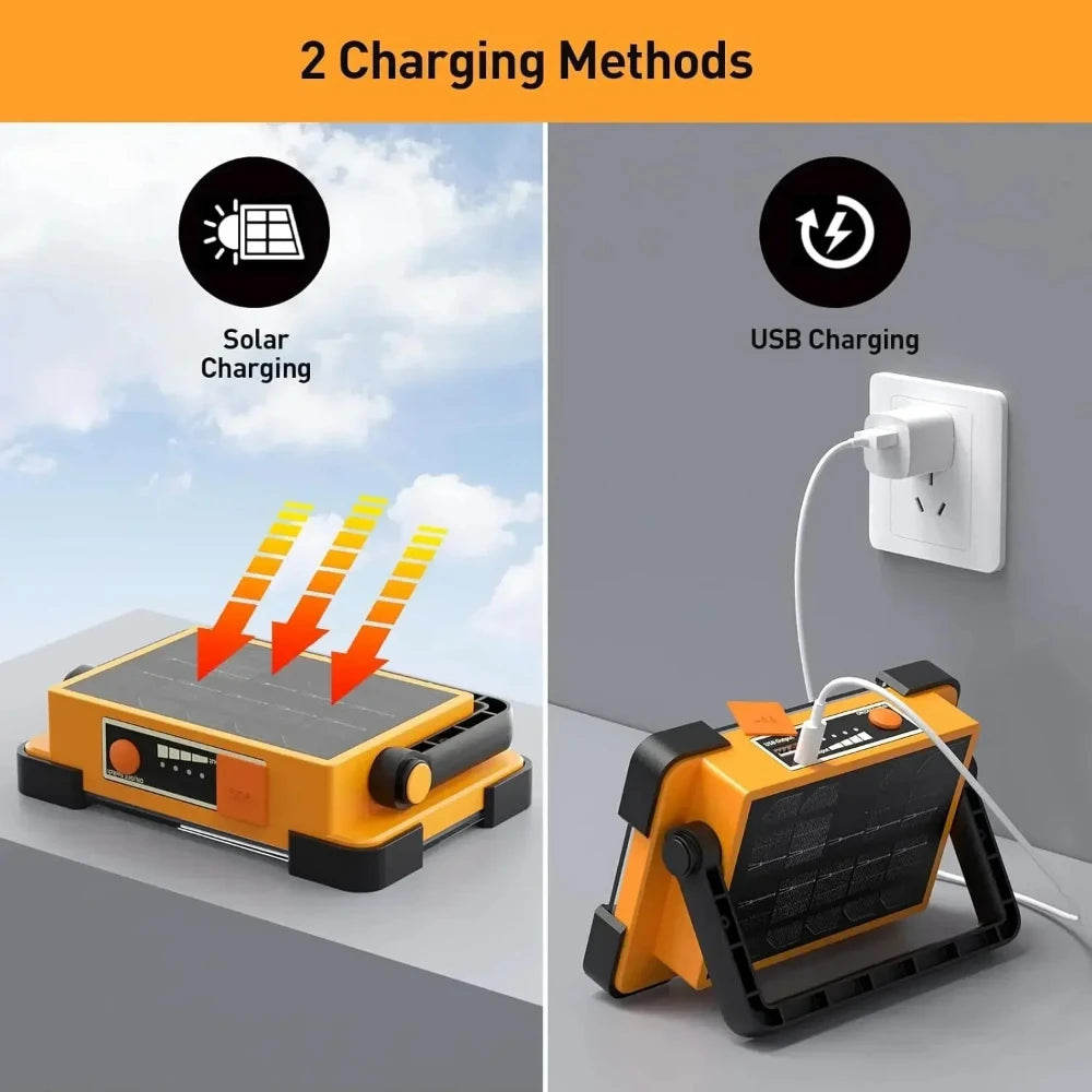 Portable solar and USB LED work floodlight shown with two charging methods: solar panel and USB charging.