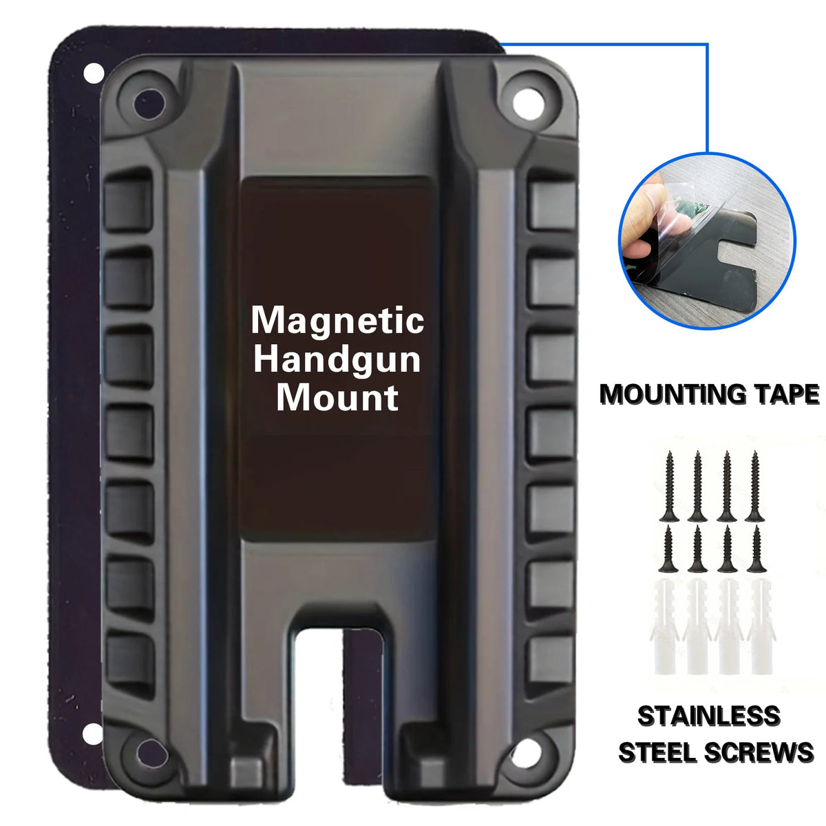 A magnetic handgun mount featuring a quick-attach design and stainless steel screws for secure mounting.
