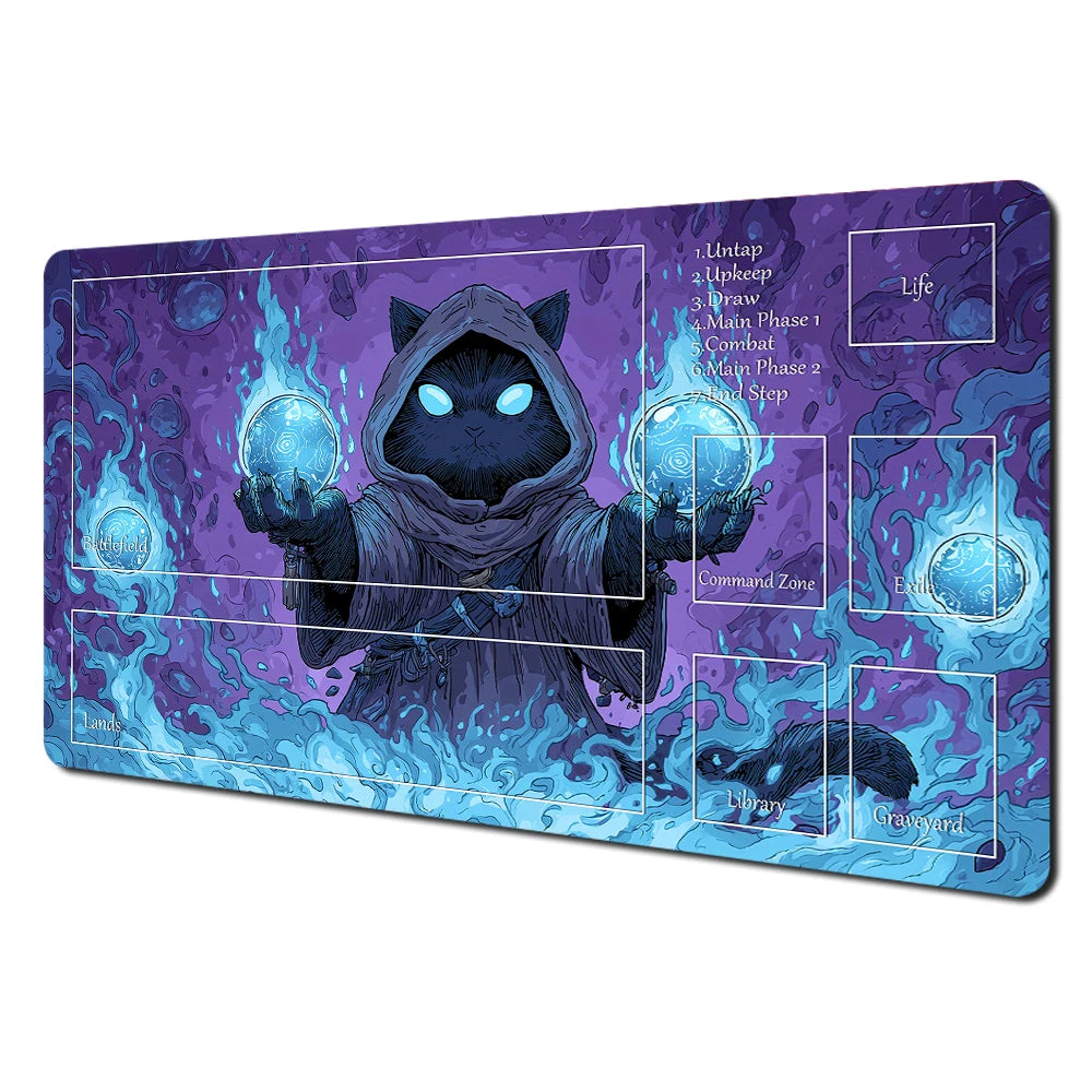 Fantasy card playmat featuring an illustration of a black cat character with glowing blue energy and various labeled zones.