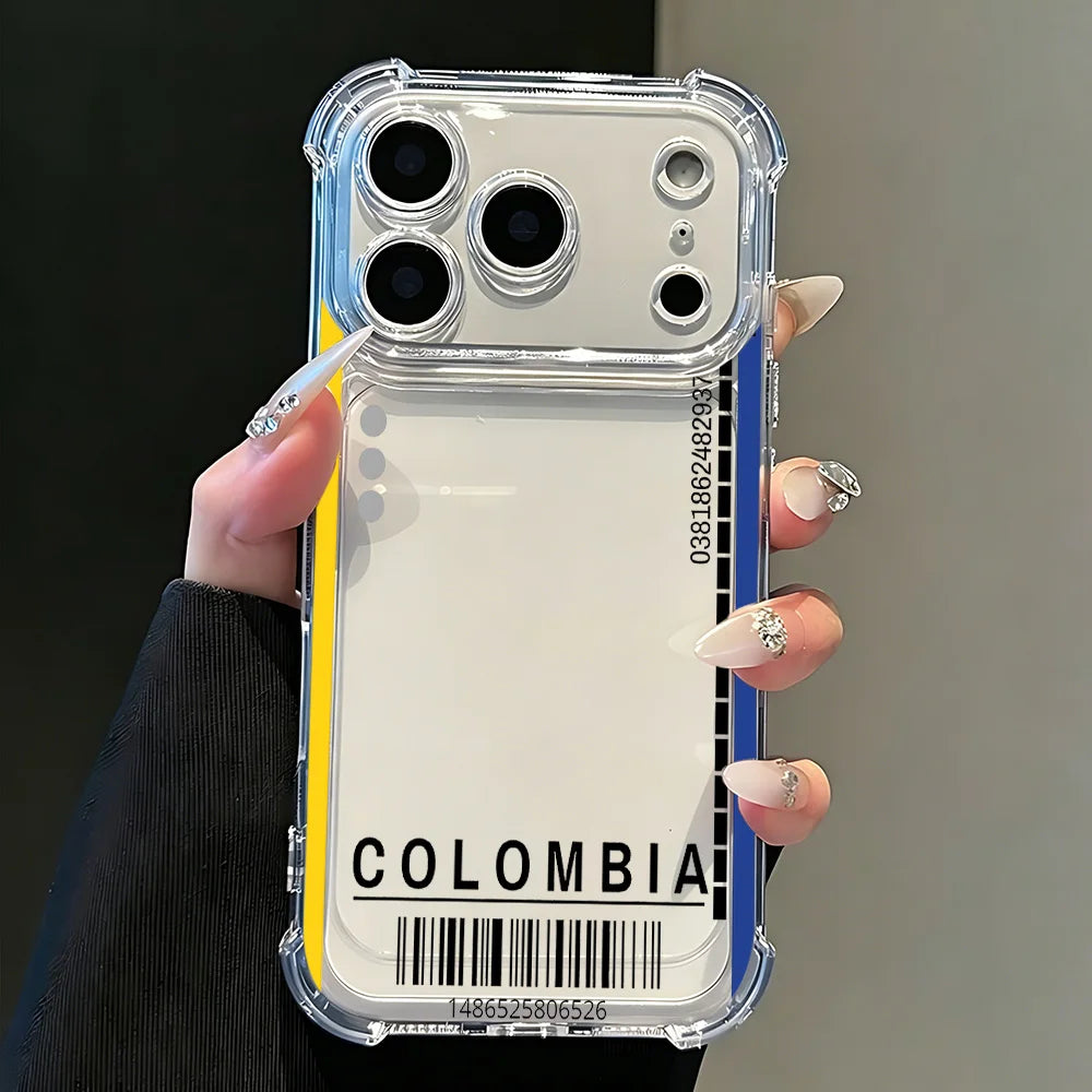 A hand holds a clear phone case featuring the word COLOMBIA and a barcode.
