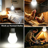 A solar-powered hanging LED lamp is shown illuminating a dark area, alongside images of a chicken and a person in a tent.