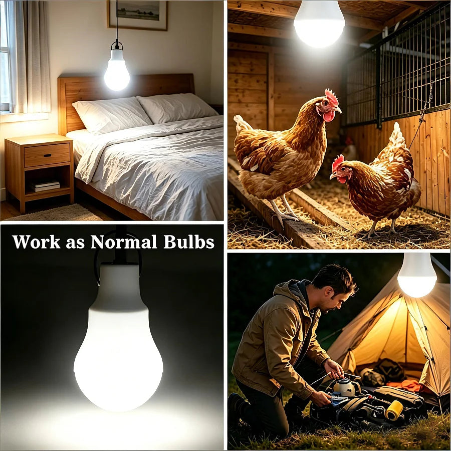 A solar-powered hanging LED lamp is shown illuminating a dark area, alongside images of a chicken and a person in a tent.
