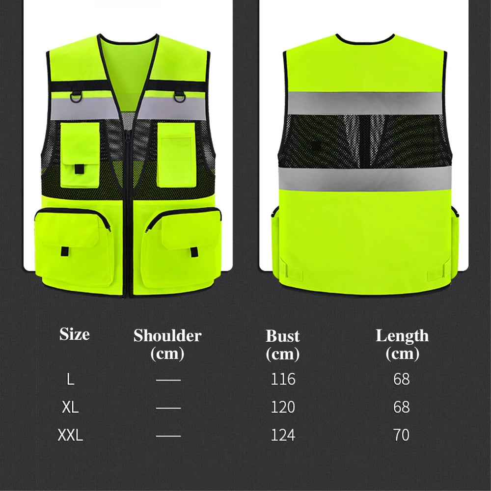 A set of high-visibility neon yellow safety vests in sizes L, XL, and XXL shown against a dark background.