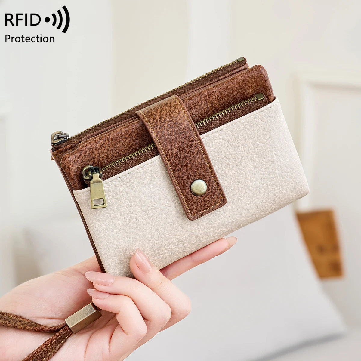 Vintage RFID-Blocking Triple-Fold Wallet with Double Zipper
