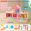 Pink two-floor dollhouse with accessories and dolls, including furniture and various sized figures.