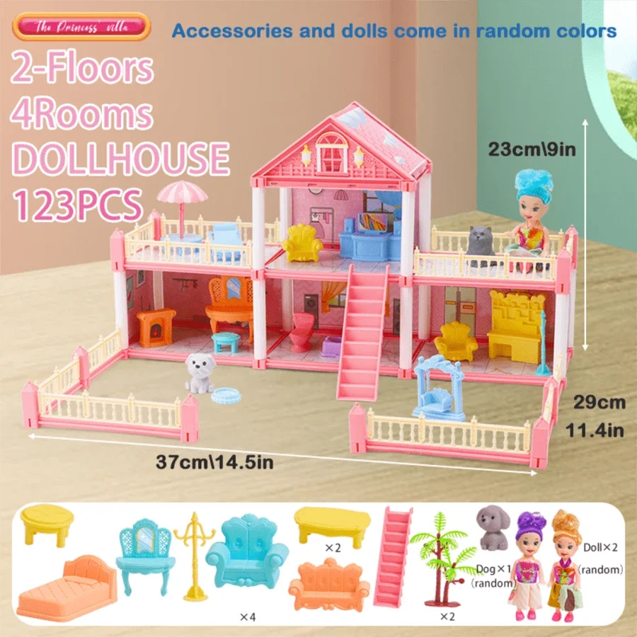 Pink two-floor dollhouse with accessories and dolls, including furniture and various sized figures.