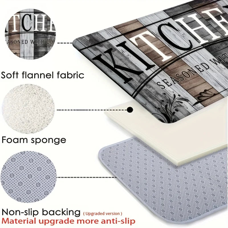 A kitchen mat featuring a retro wood grain design with non-slip backing and foam sponge material.