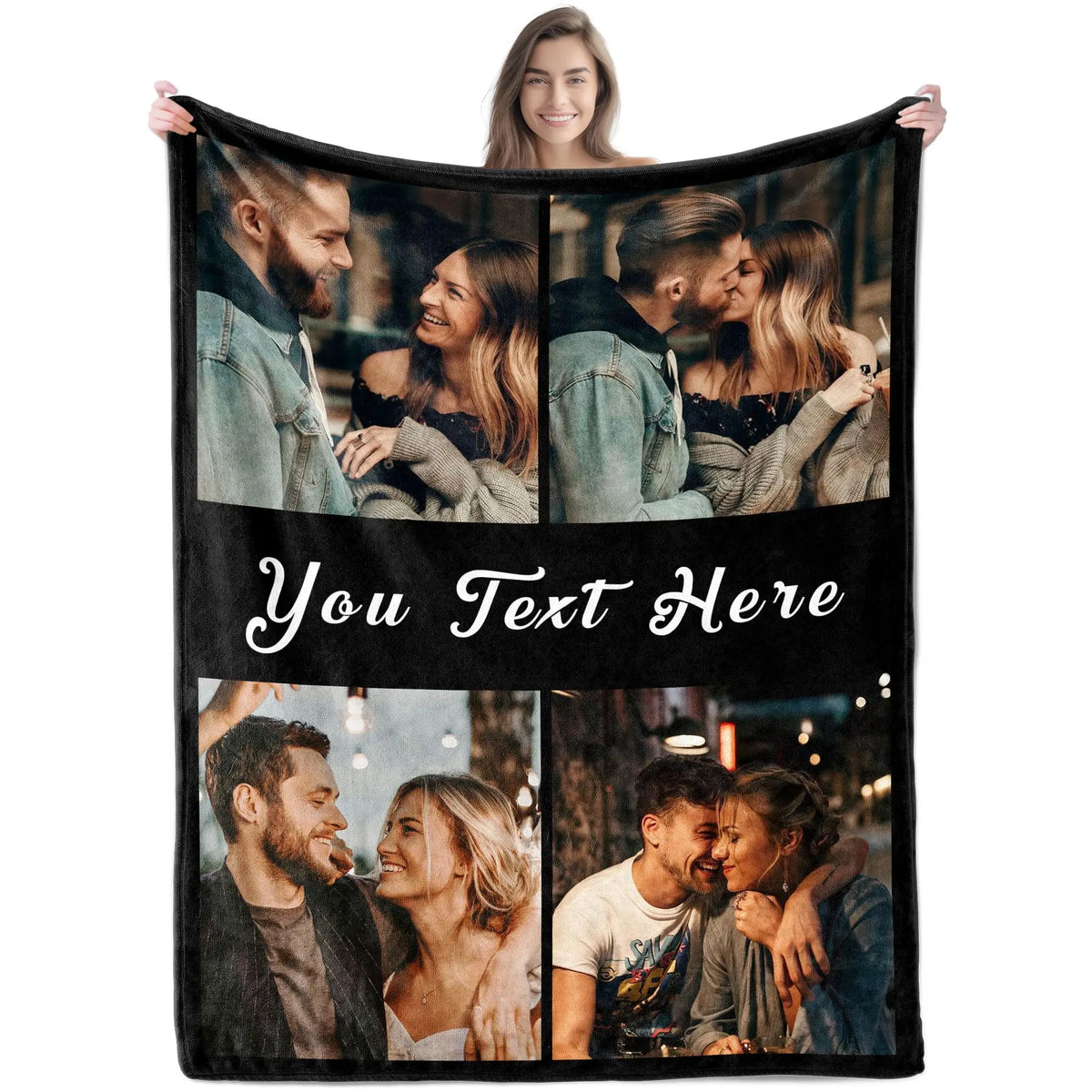 Couverture imprimée personnalisée avec plusieurs photos de couples heureux et une femme souriante.