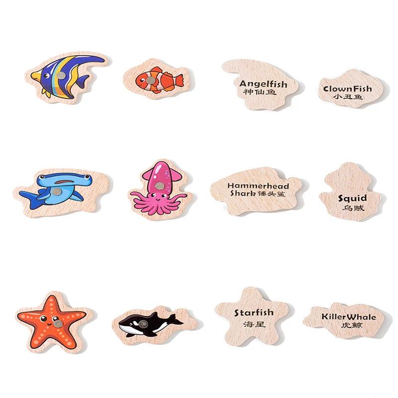 A collection of wooden magnetic fishing game pieces featuring various marine life such as fish, sharks, squid, and starfish.