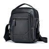 Black men's genuine leather crossbody shoulder bag with a flap and adjustable strap.