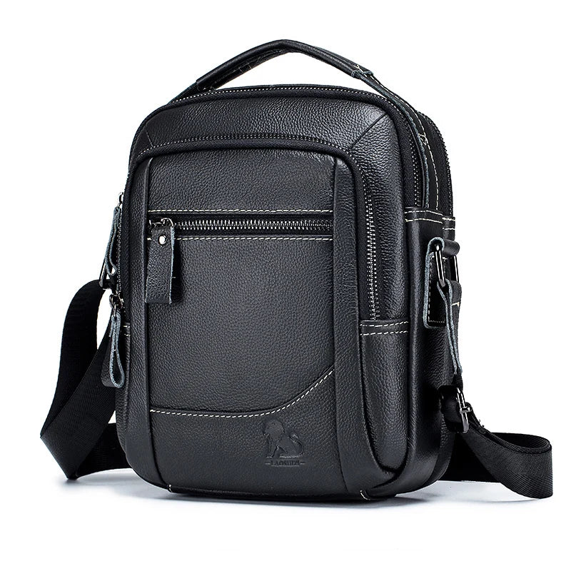 Black men's genuine leather crossbody shoulder bag with a flap and adjustable strap.