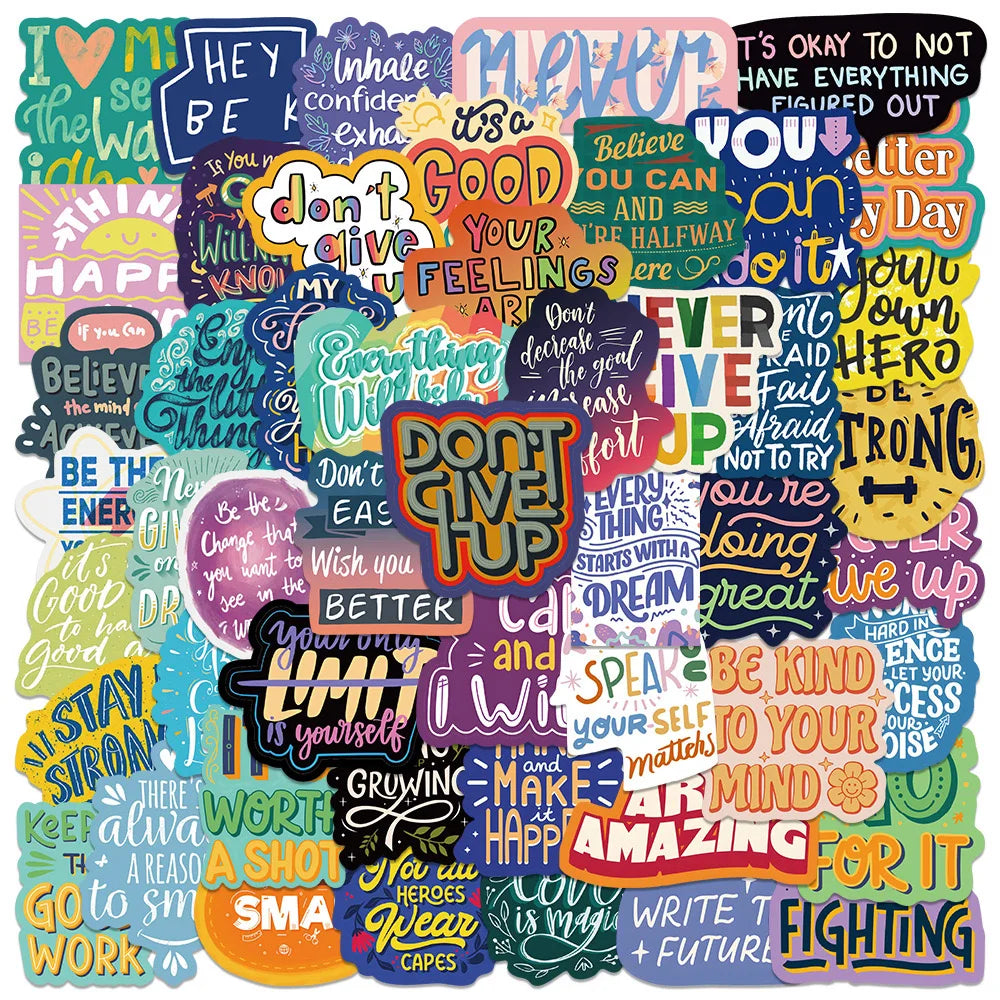 A colorful pack of inspirational English quote stickers featuring positive affirmations and encouraging phrases