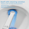A white toilet brush with a blue cleaning solution flowing from it into a toilet bowl.
