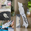 A stainless steel folding utility knife with five replaceable blades shown in various angles and contexts.