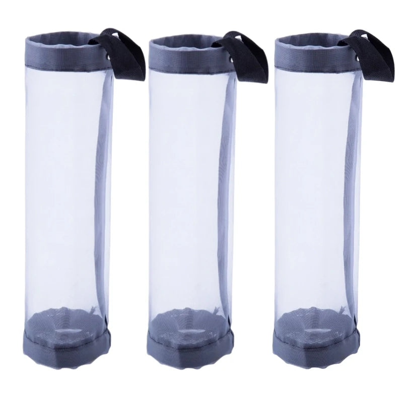 Three clear mesh bags with black handles and gray bases for dispensing trash bags.