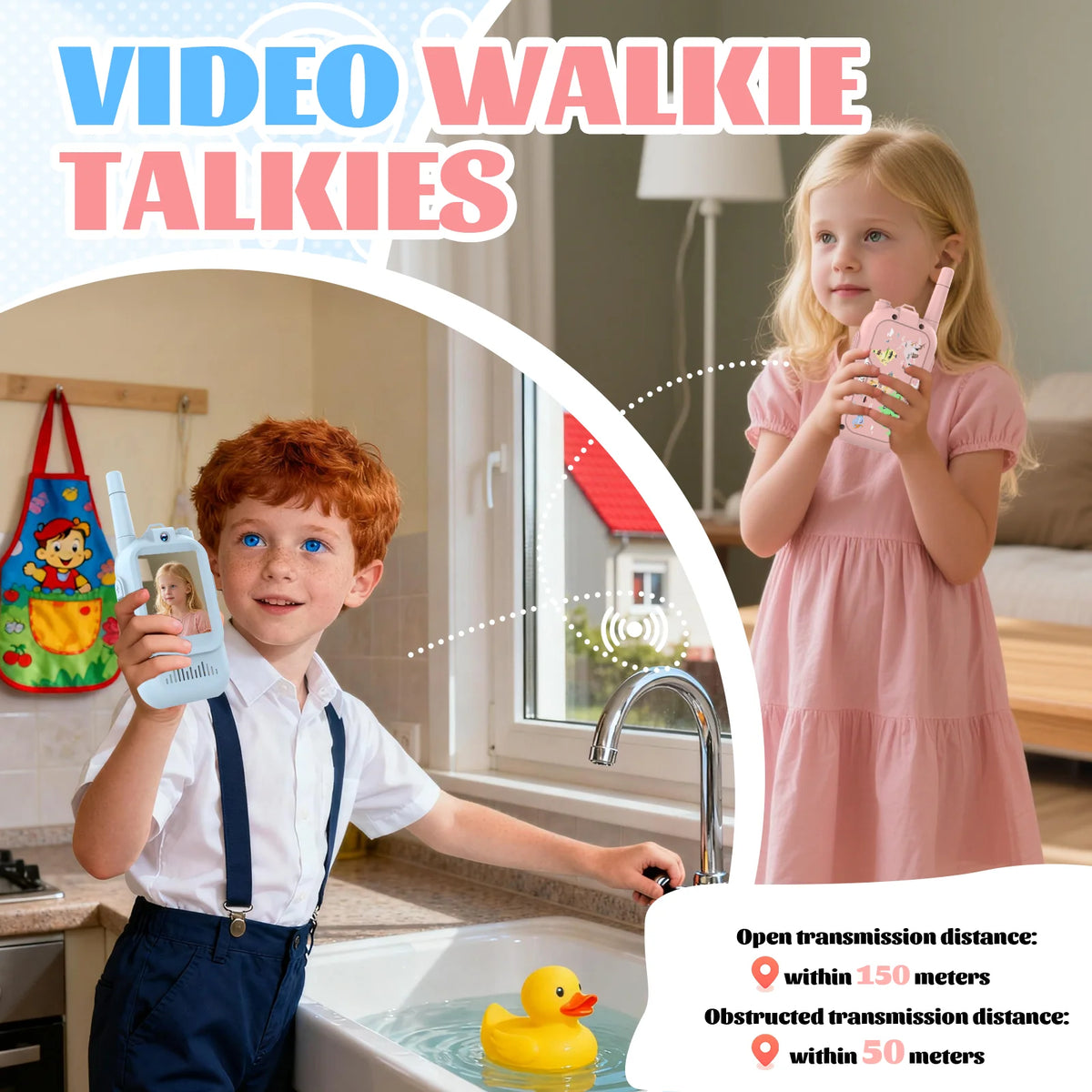 Two children are shown using video walkie talkies with HD cameras in a home setting.