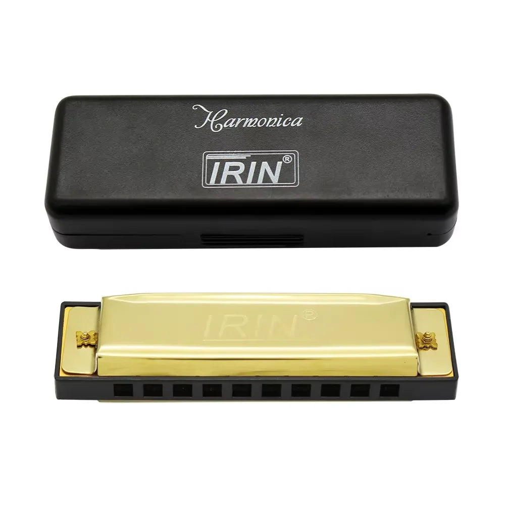 A black electronic harmonica with a gold-colored connector and an IRIN logo.